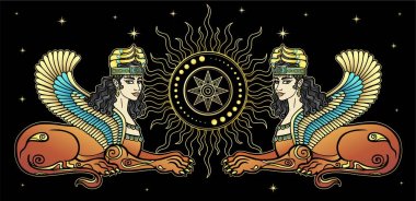 Animation color drawing: magical winged lioness. Ishtar, Astarta, Inanna. Character in Assyrian mythology. Sacred star Sirius. Vector illustration isolated on a black background.  clipart