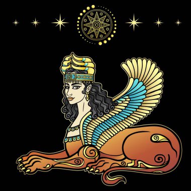 Animasyon renk çizimi: Aslan vücudu ve kanatları olan sfenks kadın, Asur mitolojisinde bir karakter. İştar, Astarta, Inanna. Sümer sembolleri. Siyah arkaplanda izole edilmiş vektör illüstrasyonu.