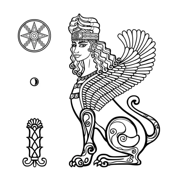 Animatie Tekening Sfinx Vrouw Met Leeuwenlijf Vleugels Een Personage Assyrische — Stockvector