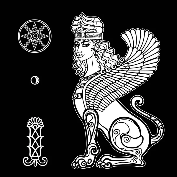 アニメーション ドローイング アッシリア神話に登場するライオンの体と翼を持つスフィンクスの女性 イシュタル アスタータ イナンナ シュメールのシンボル 黒い背景に独立したベクトル図 — ストックベクタ