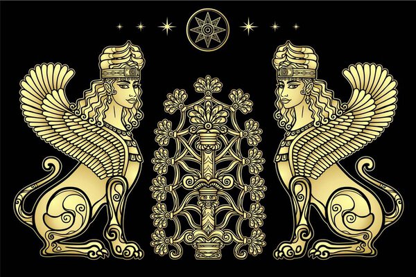Animation color drawing: magical winged lioness guard the sacred tree. Ishtar, Astarta, Inanna. Character in Assyrian mythology. Sacred star Sirius. Vector gold illustration isolated on a black.