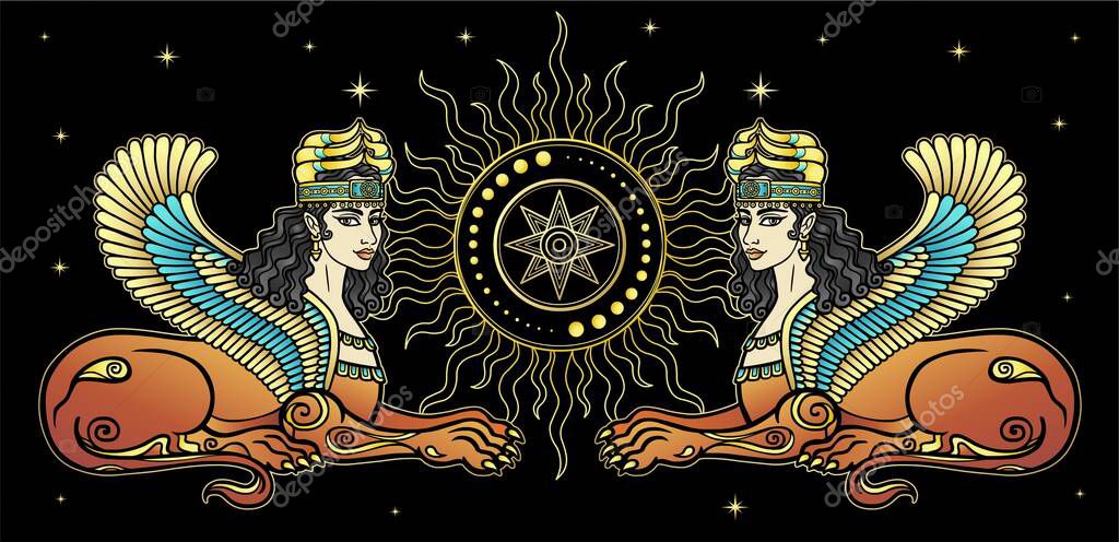 Animation color drawing: magical winged lioness. Ishtar, Astarta, Inanna. Character in Assyrian mythology. Sacred star Sirius. Vector illustration isolated on a black background.