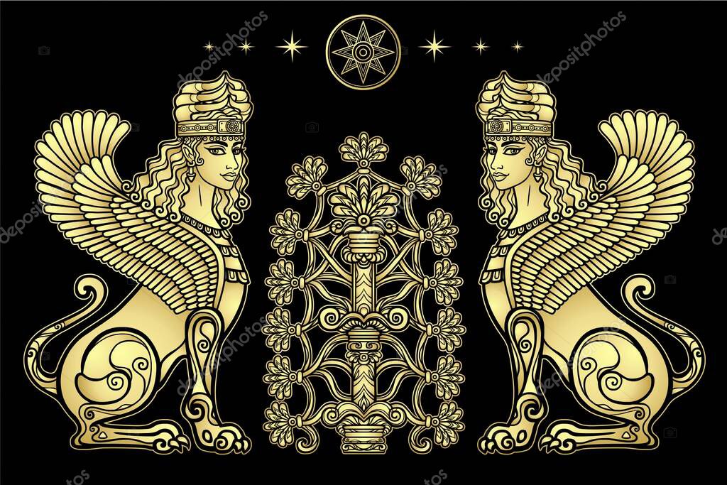 Animation color drawing: magical winged lioness guard the sacred tree. Ishtar, Astarta, Inanna. Character in Assyrian mythology. Sacred star Sirius. Vector gold illustration isolated on a black.