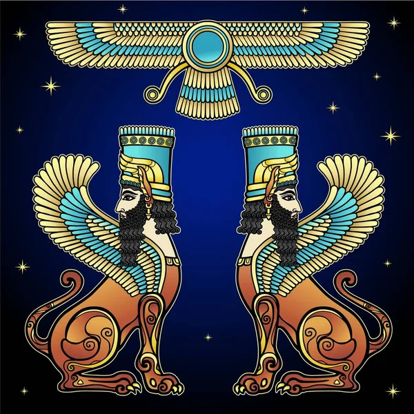 Animáció Színes Rajz Mágikus Szárnyas Oroszlánok Isten Szimbóluma Asszír Mitológia — Stock Vector
