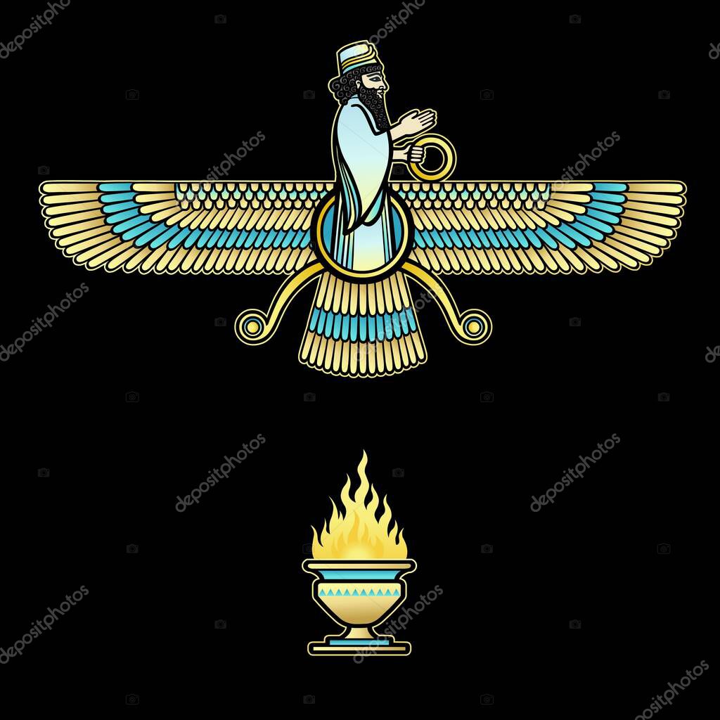 Cartoon color drawing: Image of  prophet Farvahar. Bowl of sacred fire. Vector illustration isolated on a black background.