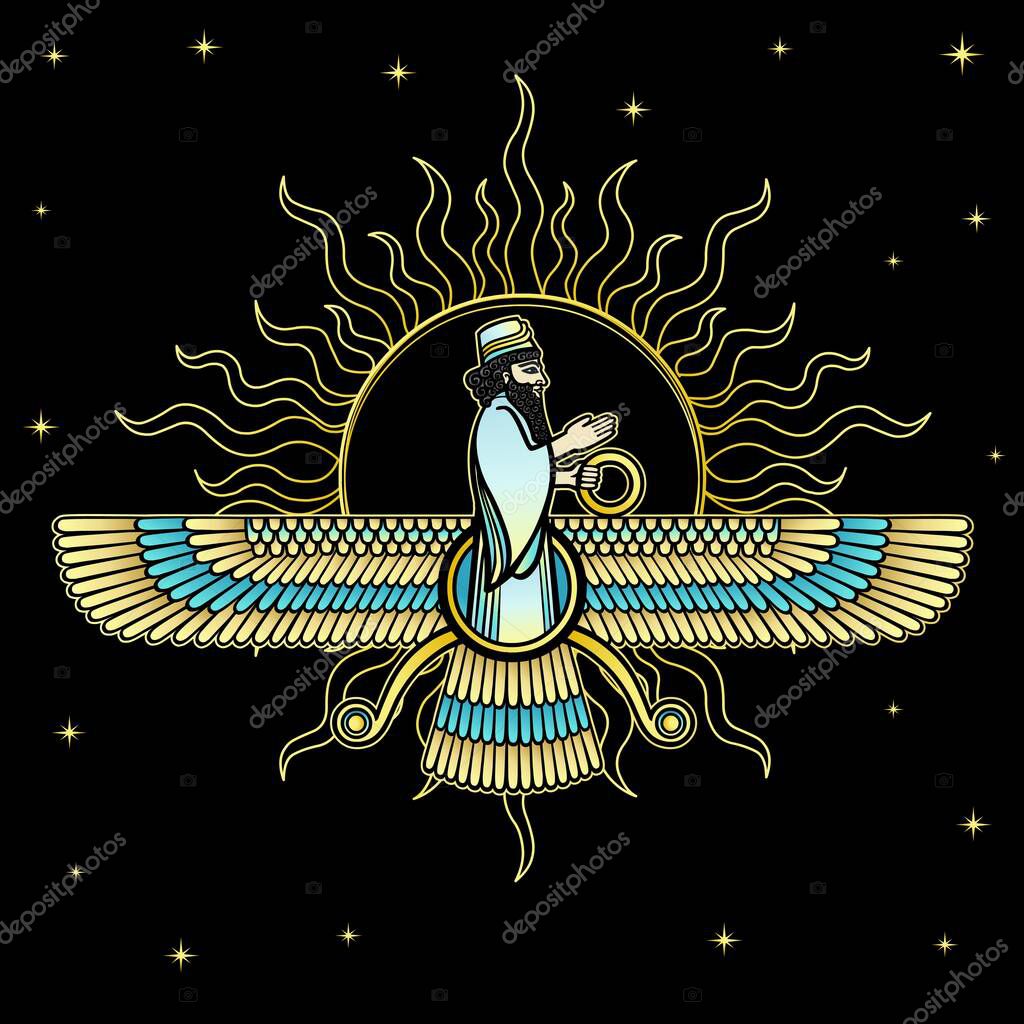 Cartoon color drawing: Image of  prophet Farvahar.  Vector illustration isolated on a black background.