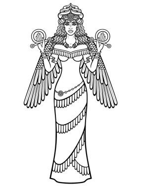 Çizgi film: Boynuzlu taç giymiş güzel bir kadın, Suriye mitolojisindeki bir karakter. Tam gelişim. Kanatlı tanrıça. İştar, Astarta, Inanna. Beyaz arkaplanda izole edilmiş vektör illüstrasyonu.