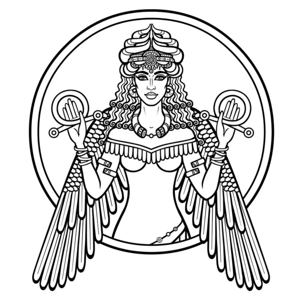 Tecknad Teckning Vacker Kvinna Hornkrona Karaktär Assyrisk Mytologi Vingad Gudinna — Stock vektor