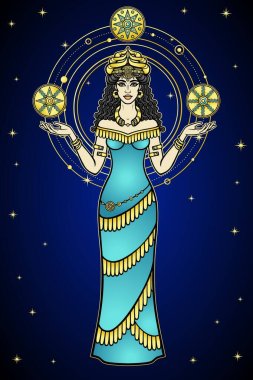 Çizgi film renk çizimi: Boynuzlu bir taç giymiş kadın yıldızları tutuyor, Asur mitolojisindeki bir karakter. Tam gelişim. Antik Tanrıça. İştar, Astarta, Inanna. Vektör illüstrasyonu koyu bir arkaplanda izole edildi.