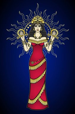 Çizgi film renk çizimi: Boynuzlu taç giymiş güzel bir kadın, Suriye mitolojisinde bir karakter. Tam gelişim. Antik Tanrıça. İştar, Astarta, Inanna. Parlak güneş. Vektör illüstrasyonu.