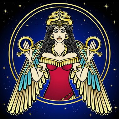 Cartoon color drawing: beautiful woman in a horned crown, a character in Assyrian mythology. Winged goddess. Ishtar, Astarta, Inanna. Vector illustration isolated on a dark background. clipart