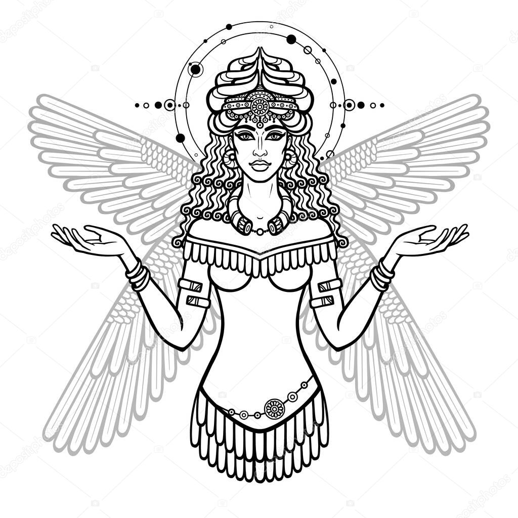 Cartoon drawing: beautiful woman in a horned crown, character in Assyrian mythology. Winged goddess. Ishtar, Astarta, Inanna. Vector illustration isolated on a white background.