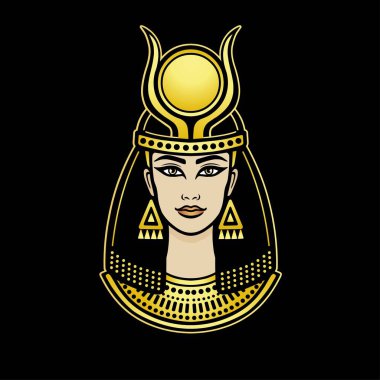 Güzel Mısırlı bir kadının animasyon renkli portresi. Vektör illüstrasyonu koyu bir arkaplanda izole edildi. Yazdır, poster, tişört, dövme.