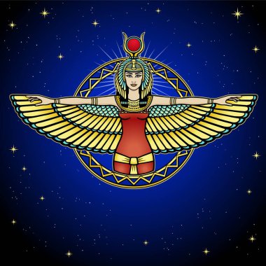 Antik Mısır kanatlı tanrıçasının animasyon portresi. Renkli çizim. Vektör illüstrasyonu, arkaplan - gece yıldızlı gökyüzü.