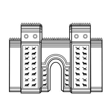 Cartoon linear drawing: Ishtar Gate. Ancient sacred temple. Symbols of Babylon, Assyria, Mesopotamia. Vector illustration Isolated on white background. clipart