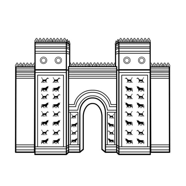 Dibujo Lineal Dibujos Animados Puerta Ishtar Antiguo Templo Sagrado Símbolos — Vector de stock