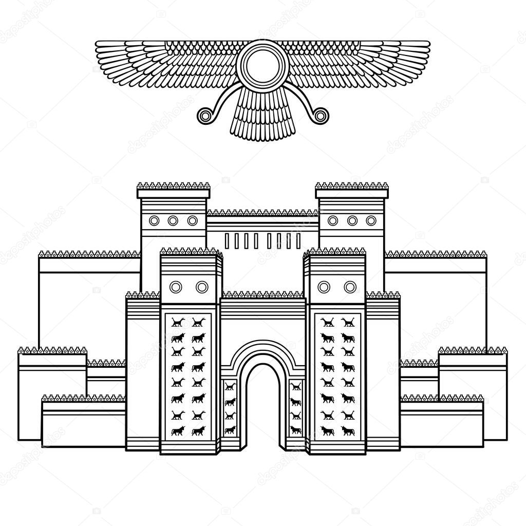 Cartoon linear drawing: Ishtar Gate. Ancient sacred temple. Symbols of Babylon, Assyria, Mesopotamia. Vector illustration Isolated on white background.