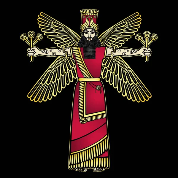 Cartoon Color Drawing Bearded Man Four Wings Holds Rods Power —  Vetores de Stock