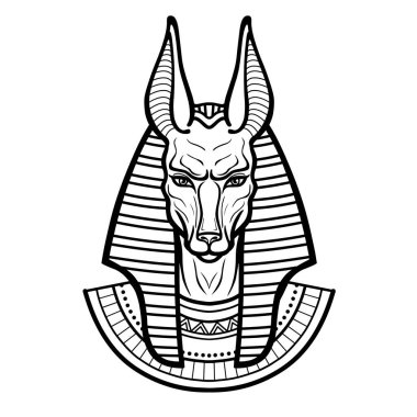 Animasyon portresi Antik Mısır tanrısı Anubis. Köpek kafalı bir tanrı. Ölüm Tanrısı. Beyaz arkaplanda izole edilmiş vektör illüstrasyonu. Yazdır, poster, tişört, dövme.