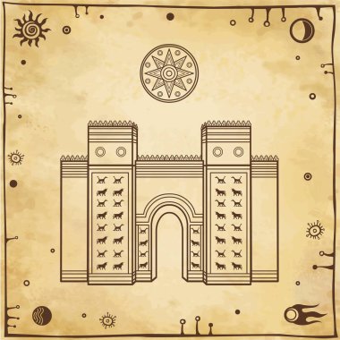Çizgi film çizimi, İştar Kapısı. Eski kutsal tapınak. Babil, Asuriye, Mezopotamya sembolleri. Kutsal yıldız Sirius. Vektör çizimi. Arkaplan - eski kağıtların taklit edilmesi, uzay simgeleri.
