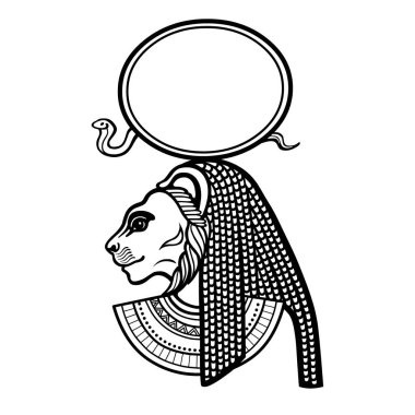 Animasyon portresi Antik Mısır tanrıçası ile aslan başı, güneş diski. Tefnut, Sehmet, Bastet. Profil görünümü. Beyaz arkaplanda izole edilmiş vektör illüstrasyonu. Yazdır, poster, dövme. 