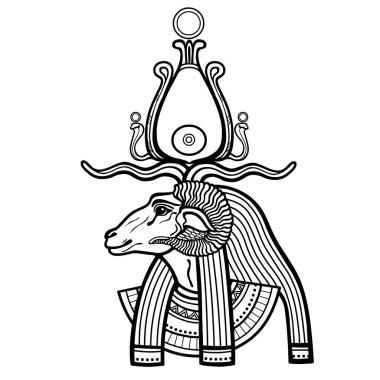 Animasyon portresi Antik Mısır tanrısı Khnum. Nil Kaynağı Tanrısı, Ram ile Tanrı. Profil görünümü. Beyaz arkaplanda izole edilmiş vektör illüstrasyonu. Yazdır, poster, tişört, dövme.