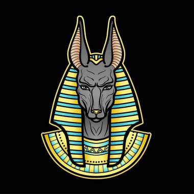 Animasyon renk portresi Antik Mısır tanrısı Anubis. Köpek kafalı bir tanrı. Ölüm Tanrısı. Vektör illüstrasyonu siyah arkaplanda izole edildi. Yazdır, poster, tişört, dövme.