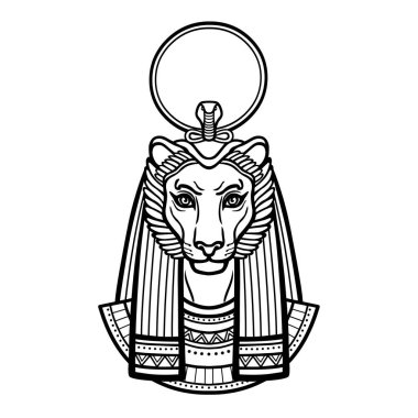 Animasyon portresi Antik Mısır tanrıçası ile aslan başı, güneş diski. Tefnut, Sekhmet, Bastet. Beyaz arkaplanda izole edilmiş vektör illüstrasyonu. Yazdır, poster, dövme. 