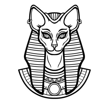 Animasyon portresi Antik Mısır tanrıçası Bastet (Bast) kedi kafalı. Beyaz arkaplanda izole edilmiş vektör illüstrasyonu. Yazdır, poster, dövme.