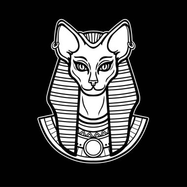 Animasyon portresi Antik Mısır tanrıçası Bastet (Bast) ile kedi kafası. Vektör illüstrasyonu siyah arkaplanda izole edildi. Yazdır, poster, dövme.