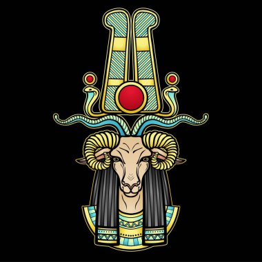Animasyon rengi portresi Antik Mısır tanrısı Khnum. Nil Kaynağı Tanrısı, Ram ile Tanrı. Vektör illüstrasyonu siyah arkaplanda izole edildi. Yazdır, poster, tişört, dövme.