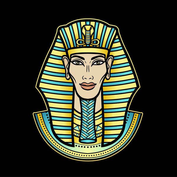 Анимационный цветной портрет египетского человека. Фараон, царь, мумия. Векторная иллюстрация изолирована на черном фоне. Печать, плакат, футболка, татуировка.