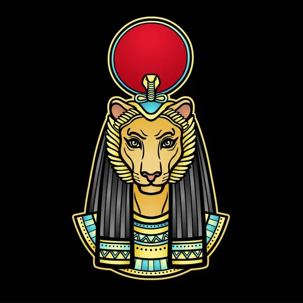 Potret Warna Animasi Dewi Mesir Kuno Dengan Kepala Lioness Cakram Stok Vektor