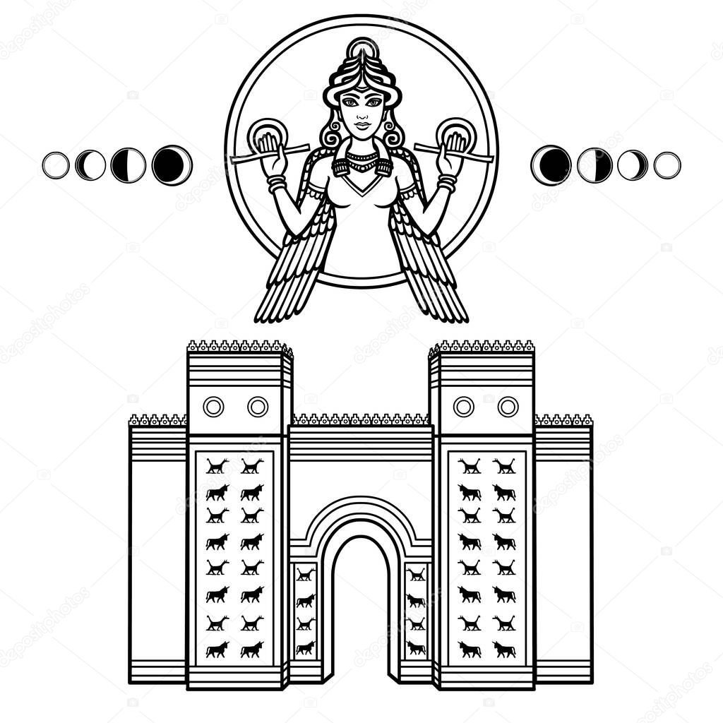 Cartoon linear drawing: Ishtar Gate. Ancient sacred temple. Portrait of goddess, phase of the moon. Symbols of Babylon, Assyria, Mesopotamia. Vector illustration Isolated on white background.