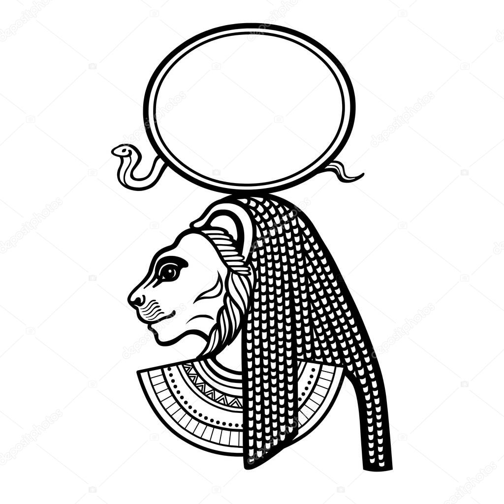 Animation portrait Ancient Egyptian goddess with head of  Lioness,  disk of  sun. Tefnut, Sehmet, Bastet. Profile view.  Vector illustration isolated on a white background. Print, poster, tatoo.