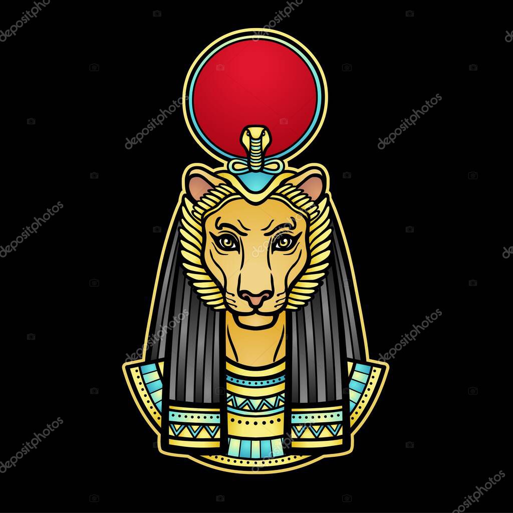 Animation  color portrait Ancient Egyptian goddess with head of  Lioness, disk of sun. Tefnut, Sekhmet, Bastet.  Vector illustration isolated on a black background. Print, poster, tatoo.