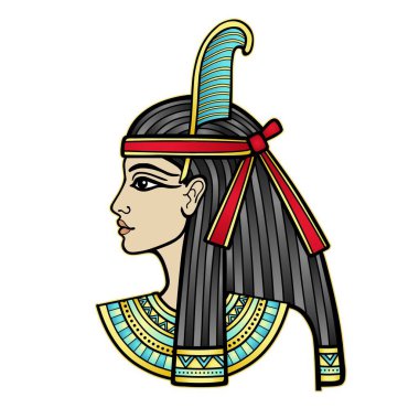 Güzel Mısırlı bir kadının animasyon renkli portresi. Tanrıça Maat. Profil görünümü. Vektör illüstrasyonu izole edildi. Yazdır, poster, tişört, dövme.
