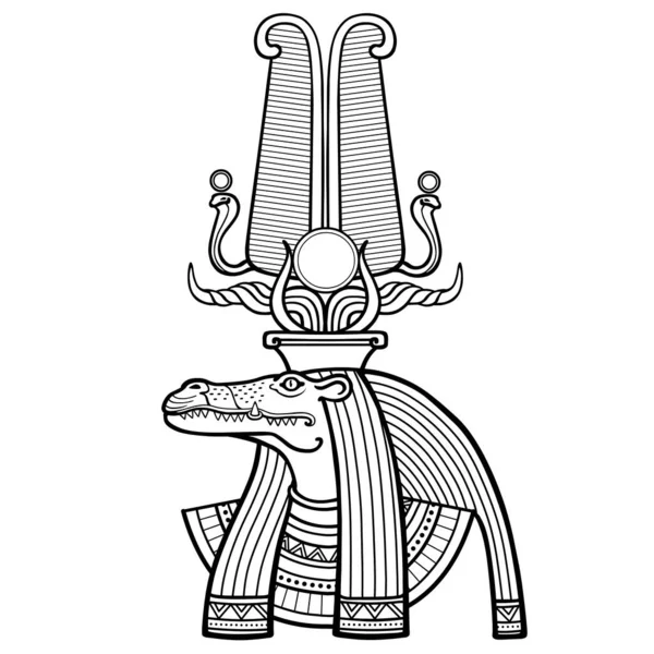 Animace Lineární Portrét Starověký Egyptský Bůh Sobek Božství Krokodýlí Hlavou — Stockový vektor