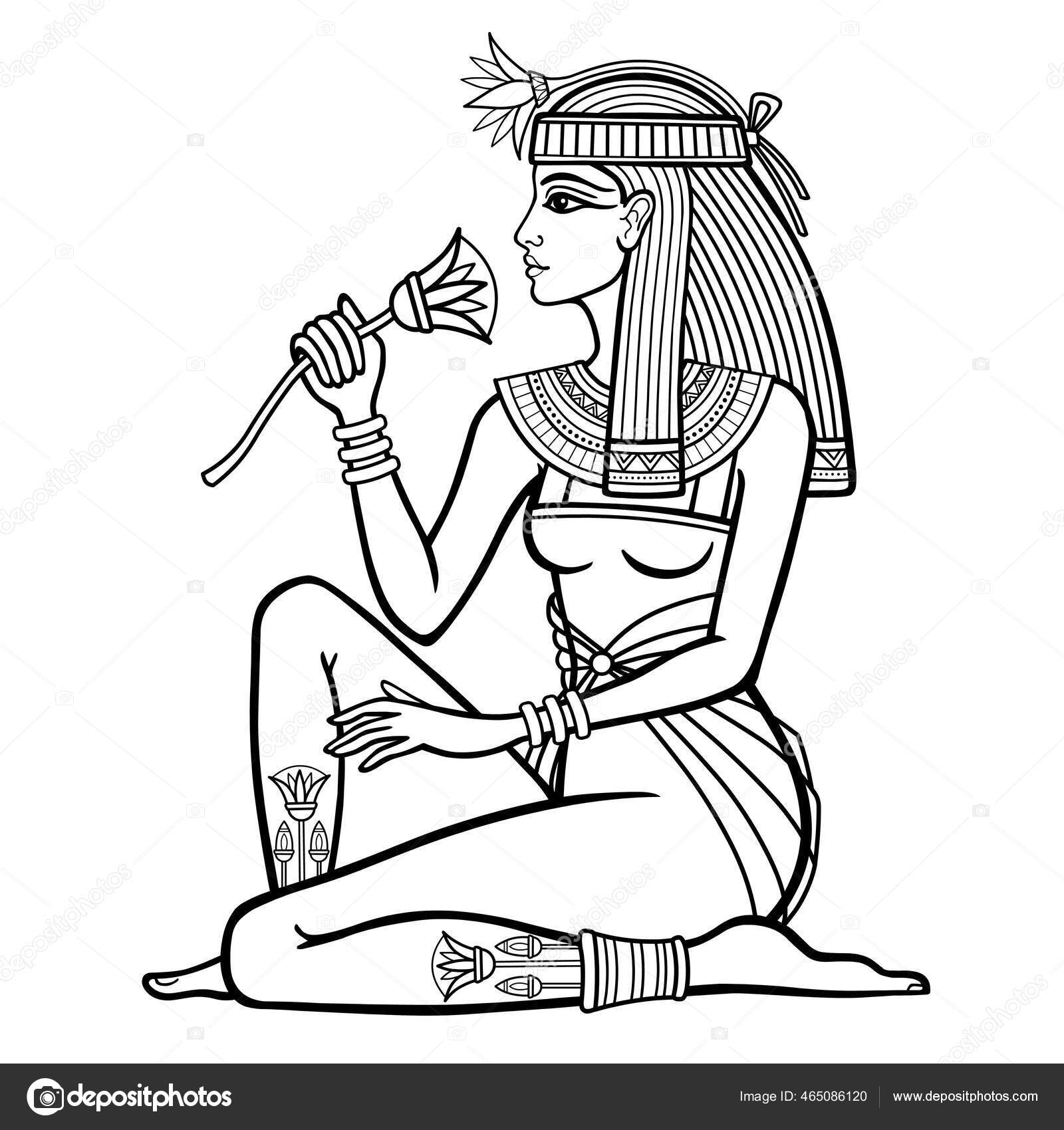 Animatie Lineair Portret Van Mooie Egyptische Vrouw Met Bloem Godin Vectorafbeelding Door