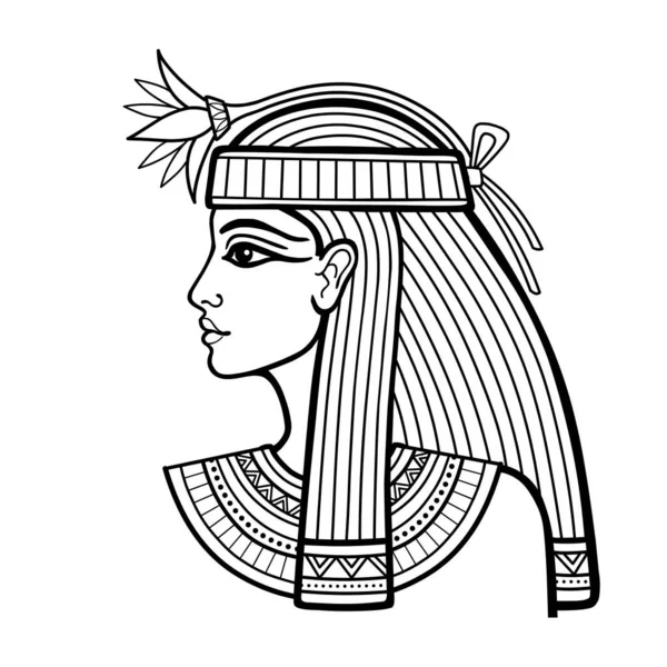 Retrato Lineal Animación Hermosa Mujer Egipcia Con Flor Diosa Princesa — Vector de stock