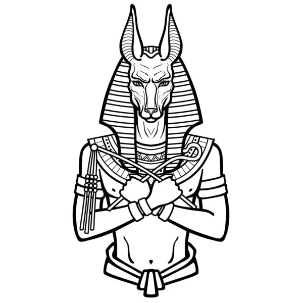 Retrato Animação Deus Egípcio Anubis Com Mãos Cruzadas Detém Símbolos —  Vetores de Stock