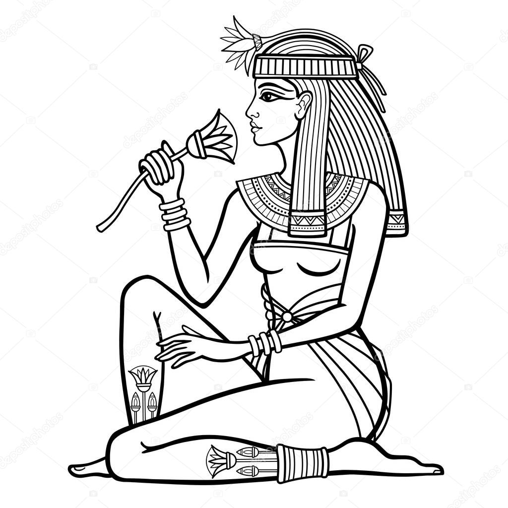 Animation linear portrait of beautiful Egyptian woman with flower. Goddess, princess. Profile view. Vector illustration isolated on a white background. Print, poster, t-shirt, tattoo.