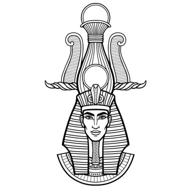 Animasyon portresi tahttaki Mısırlı adam. Beyaz arkaplanda izole edilmiş vektör illüstrasyonu. Yazdır, poster, tişört, dövme.