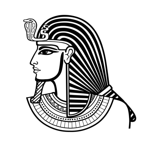 Animation portrait Egyptian man in the royal headscarf. Profile view. Vector illustration isolated on a white background. Print, poster, t-shirt, tattoo.