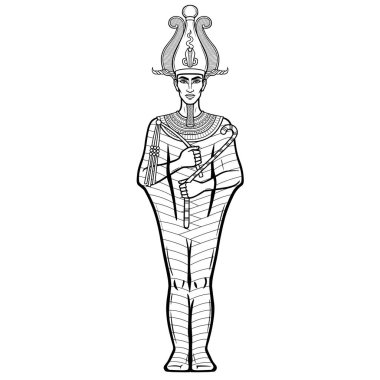 Tahttaki Animasyon portresi elinde gücün sembollerini taşıyor. Tanrı aşkına Osiris. Tam gelişim. Beyaz arkaplanda izole edilmiş vektör illüstrasyonu. Yazdır, poster, tişört, dövme.