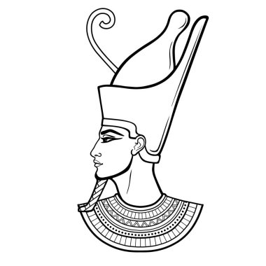 Animasyon portresi Taç ve kolyede Mısırlı bir adam. Profil görünümü. Beyaz arkaplanda izole edilmiş vektör illüstrasyonu. Yazdır, poster, tişört, dövme.