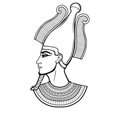 Animasyon portresi tahttaki Mısırlı adam. Tanrı aşkına Osiris. Profil görünümü. Beyaz arkaplanda izole edilmiş vektör illüstrasyonu. Yazdır, poster, tişört, dövme.