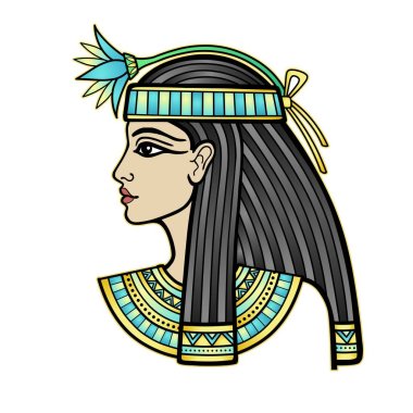 Çiçekli güzel Mısırlı kadının animasyon portresi. Tanrıça, prenses. Profil görünümü. Beyaz arkaplanda izole edilmiş vektör illüstrasyonu. Yazdır, poster, tişört, dövme.