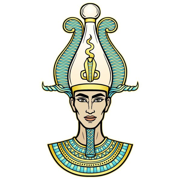 Animation portrait Egyptian man n the crown. God Osiris. Vector illustration isolated on a white background. Print, poster, t-shirt, tattoo.