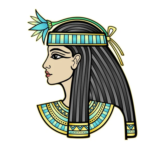 Animationsporträt Der Schönen Ägypterin Mit Blume Göttin Prinzessin Profilansicht Vektor — Stockvektor